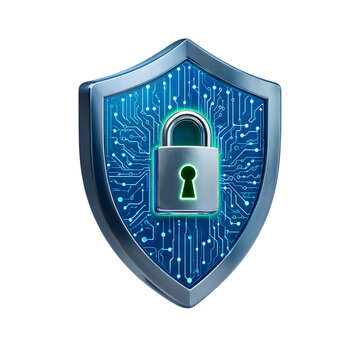 Modern digital shield with glowing circuit lock symbol design transparent background