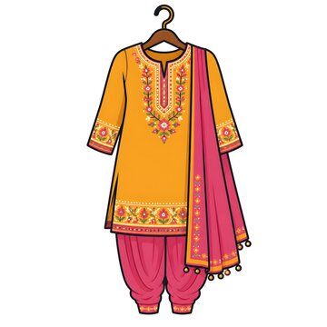 Traditional Indian Punjabi Salwar Kameez with Embroidered Floral Design and Pink Dupatta Flat Vector Illustration