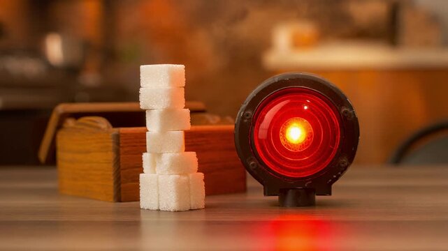 Close up of stacked white sugar cubes beside glowing red warning light symbolizing health and safety risks