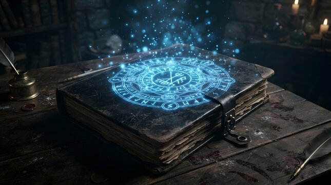 Mystical black book with glowing blue magic circle and floating particles on a wooden desk