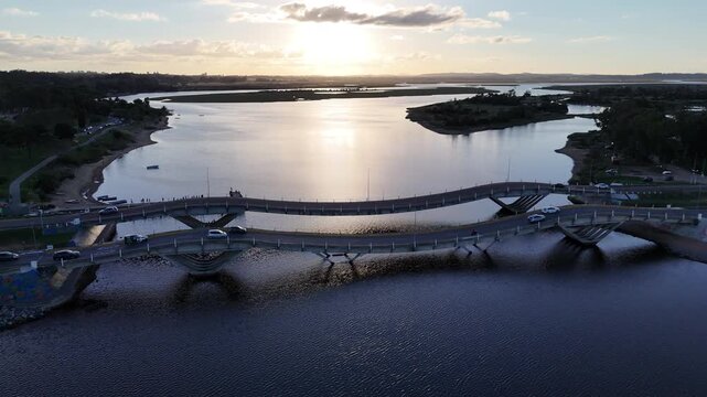 Aerial Sunset Over La Barra Bridges and Maldonado Estuary, Uruguay
