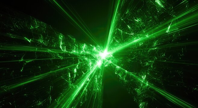 Intense bright green energy beams radiating from a central point into darkness