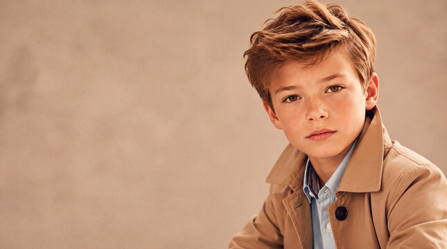 Stylish studio portrait of a young boy wearing a beige trench coat and light blue shirt, looking directly at the camera with a calm, confident expression. Warm neutral tones, soft lighting, natural fr