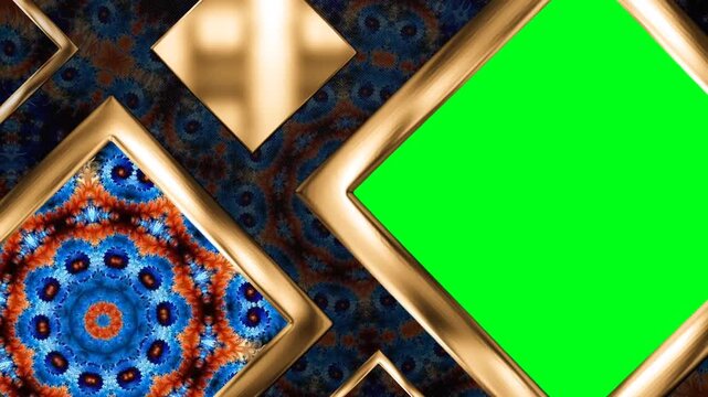 Luxury Golden Kaleidoscope Frame Presentation - Ornamental Mandala Green Screen Chroma Key Mockup
