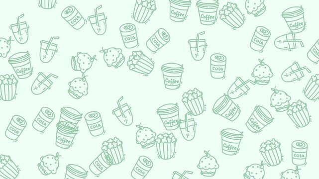 Beverage cups and popcorn buckets form a cinematic pattern suitable for entertainment media branding.
