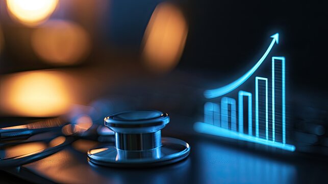 Digital health growth Stethoscope and rising bar chart graphic