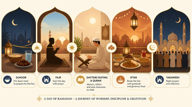 Ramadan Day Journey of Worship Discipline Gratitude with Muslims Performing Fajr Iftar Taraweeh Prayers in Mosque Setting