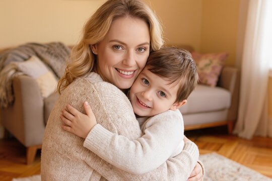 M&egrave;re c&acirc;linant son b&eacute;b&eacute; ou embrassant son jeune enfant &agrave; la maison, portrait familial illustrant l'amour maternel, la tendresse et le lien parent-enfant