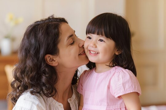 M&egrave;re c&acirc;linant son b&eacute;b&eacute; ou embrassant son jeune enfant &agrave; la maison, portrait familial illustrant l'amour maternel, la tendresse et le lien parent-enfant