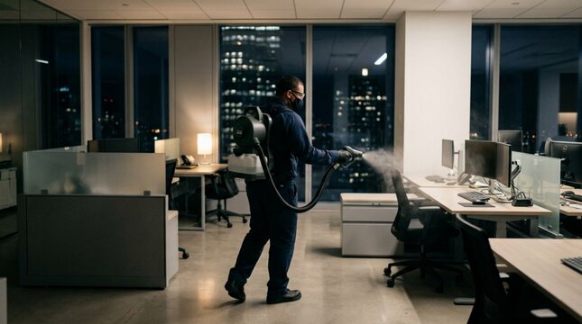 Professional Sanitization Worker Disinfecting Modern Office with Electrostatic Sprayer at Night