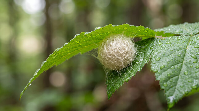 Delicate silken spider egg sac (ootheca) attached to a green leaf.