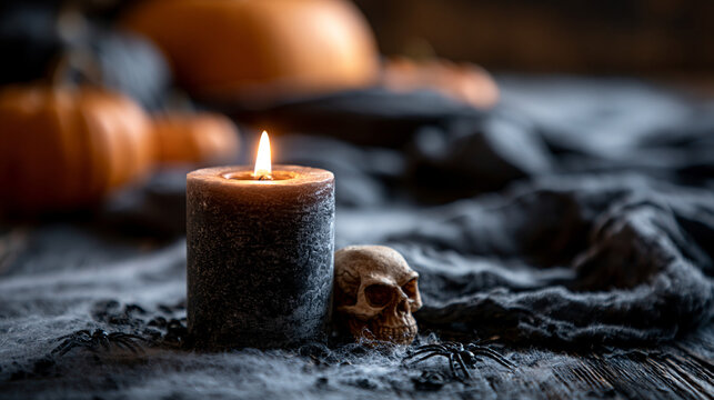 Lit candle and miniature skull with halloween pumpkins on dark wooden background