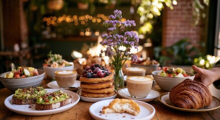 Fototapeta premium Inviting brunch spread with stacks of pancakes, avocado toast, pastries, and coffee