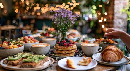 Fototapeta premium Abundant spread of breakfast foods and coffee on a table