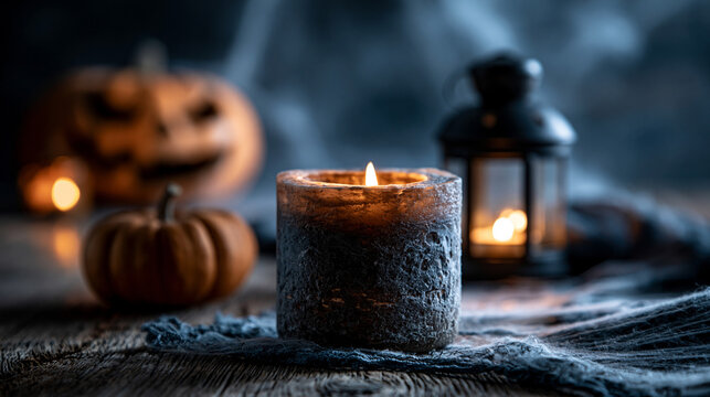 Halloween atmosphere with lit candle miniature skull and jack o lantern, halloween