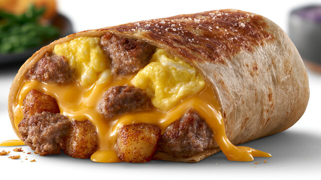 Breakfast burrito with scrambled eggs sausage potato bites and melted cheese, breakfast