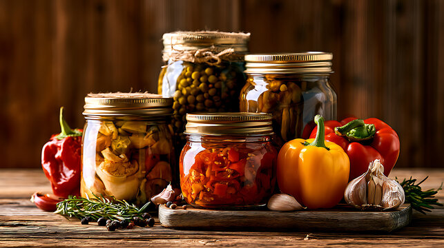 The jars feature a colorful assortment of bright green pickles with dill and garlic, golden yellow pickled cauliflower and carrots, deep red pickled beets with onion slices, crisp green asparagus spea