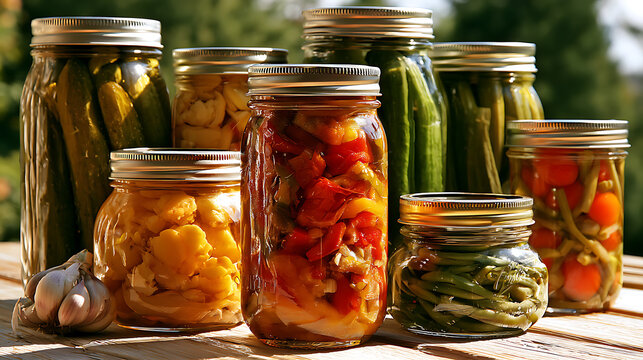 Several glass jars filled with healthy homemade canned vegetables are arranged on an old wooden table.
