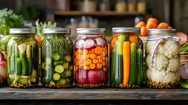 A rustic still life of several glass jars filled with healthy homemade canned vegetables arranged on a weathered wooden table.