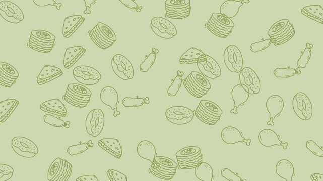 Food icons including donuts and chicken legs create a fun culinary pattern on a light green background.