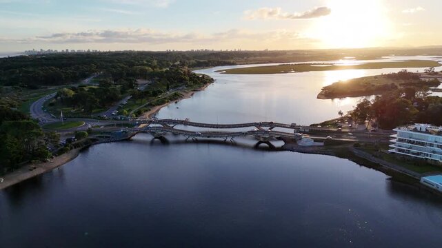 Aerial Sunset Over La Barra Bridges and Maldonado Estuary, Uruguay