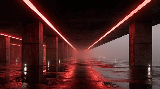 Dark, foggy tunnel with glowing red lights and wet floor