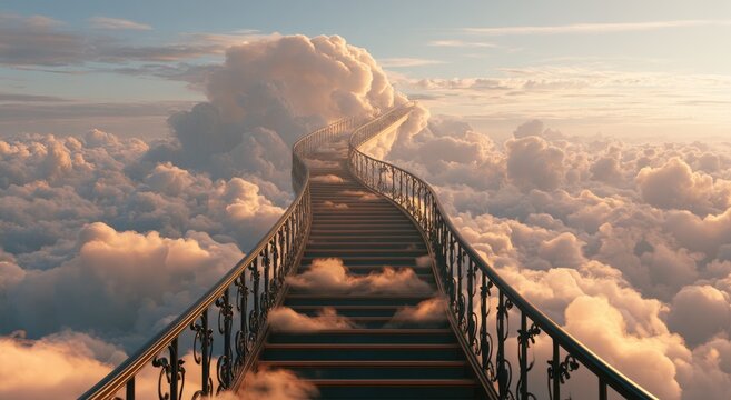 Ascending stairway through ethereal clouds into glowing sky