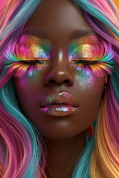 Close-up beauty portrait of a woman with vivid rainbow eye makeup, glossy lips and colorful hair, showcasing bold creative cosmetics and futuristic fashion.