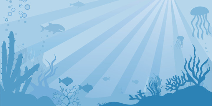 Blue underwater scene illustration with fish jellyfish and coral