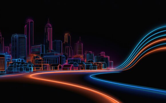 Neon city skyline with glowing energy pathways against dark background