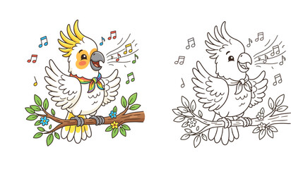 Cute Singing Cockatoo Parrot Cartoon with Rainbow Scarf Vector Art © MstSangita