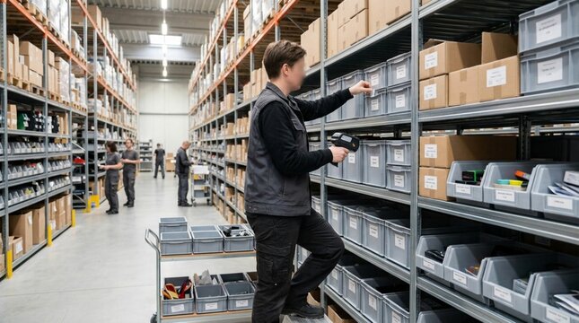 Warehouse worker scanning barcode on storage bin for inventory management in large distribution center