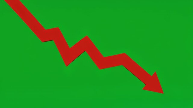 Red downward trending arrows on green background with black bar separating segments symbolizing financial decline