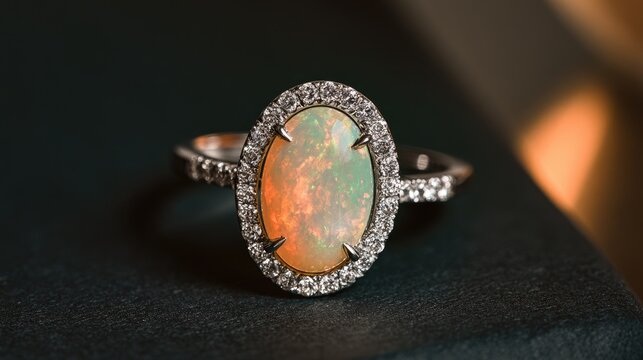 Oval-cut opal gemstone ring with sparkling diamond halo, silver band