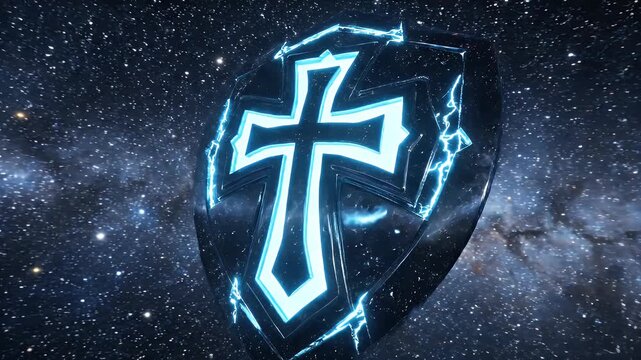 Glowing celestial cross shield with cosmic background