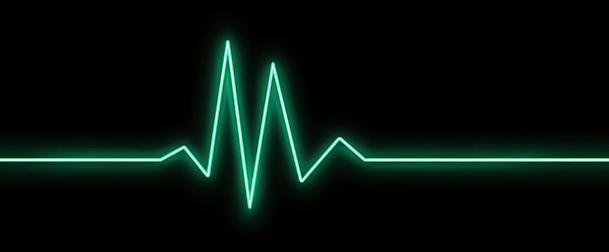 A glowing green heartbeat line pulses against a stark black background