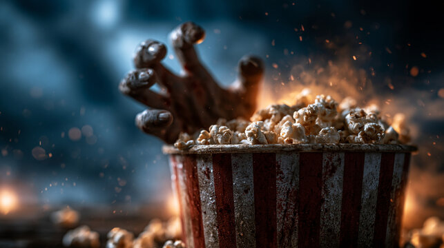 Scary popcorn bucket with zombie hand reaching out for halloween night, halloween