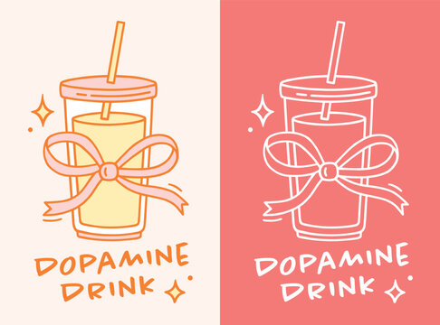 Dopamine drink colorful aesthetic girly summer core beverage drawing vibrant pink orange and yellow poster print. Coffee shop cafe style to go cup packaging logo label sticker design art illustration.