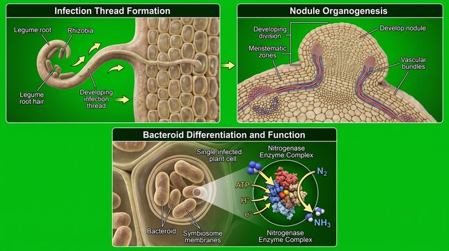 Legume rhizobia symbiosis diagram. Nitrogen fixation process in plant root nodules.