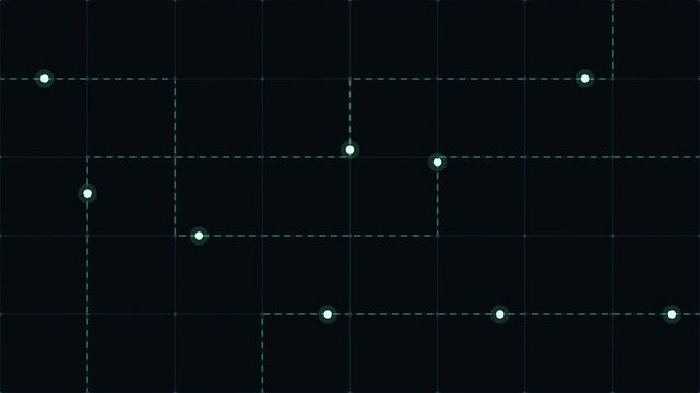 Abstract animated delivery route network between hubs drawn as cyan and teal glowing lines and dots on a deep dark background. Clean minimal motion graphics element with free space around it, ideal fo