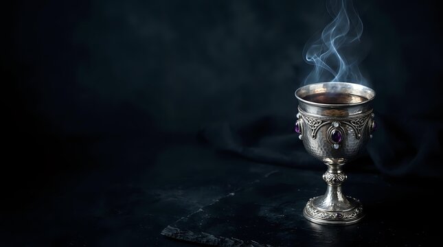 Ornate silver chalice with steaming hot beverage on dark textured surface, suitable for religious, mystical, and luxury beverage concepts.