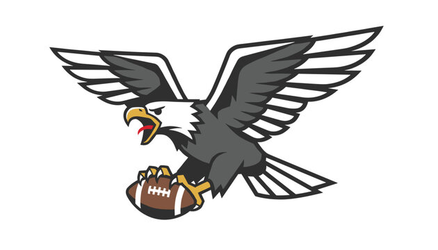 Angry bald eagle mascot vector illustration flying and grasping an American football ball with its sharp yellow talons.