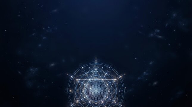 Glowing sacred geometry mandala shining in starry night sky, symbolizing spiritual energy and cosmic harmony, perfect for meditation, astrology, and mystical design projects.