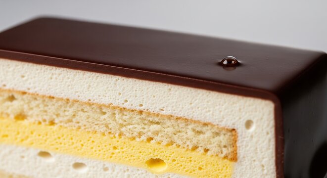 Gourmet layered chocolate and vanilla mousse cake slice macro closeup