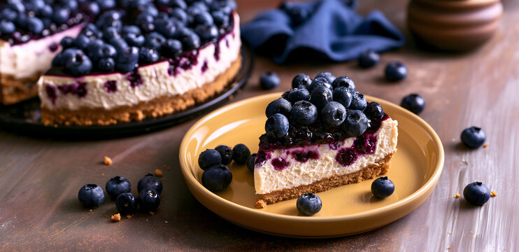 Creative food template. No-bake creamy cheesecake slice with graham cracker base, fresh blueberry topping glistening on yellow plate, rustic wooden table. copy text space