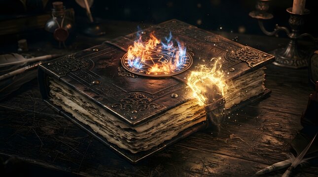 An ancient, weathered grimoire on a wooden desk, featuring a glowing magical seal with blue and orange flames and a shimmering, enchanted leather strap
