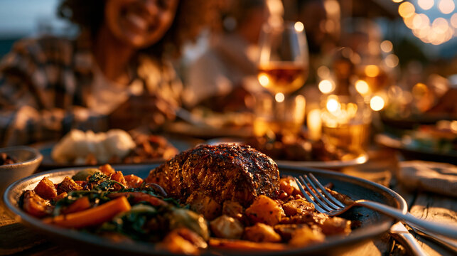 Close up view of roasted meat and vegetables on a dinner plate at an evening gathering