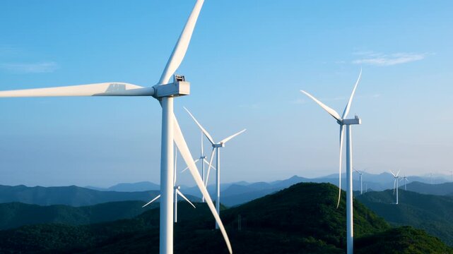 Wind Turbines on Mountain Ridge Against Blue Sky