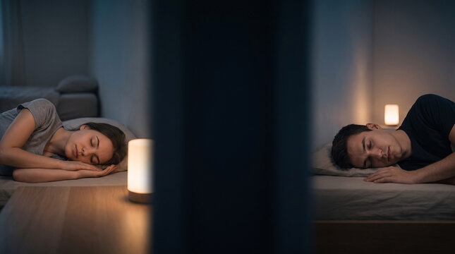 Split scene showing young woman sleeping in 
one room and young man sleeping in another 
room at opposite ends of frame both showing 
identical breathing posture despite complete absence of connection