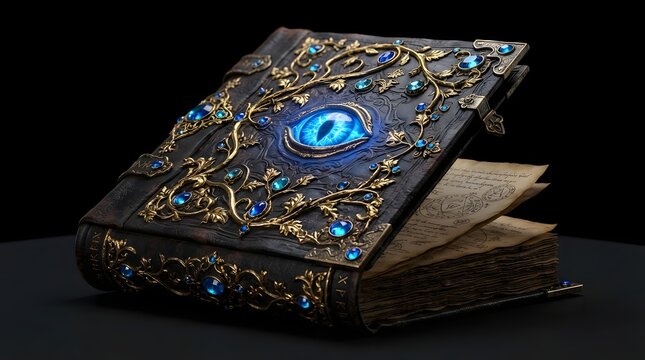Ancient mystical grimoire with a glowing blue eye on the cover